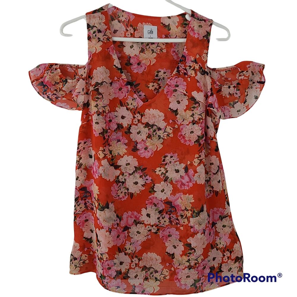 CAbi tangerine orange cold shoulder ruffle floral Top, S,